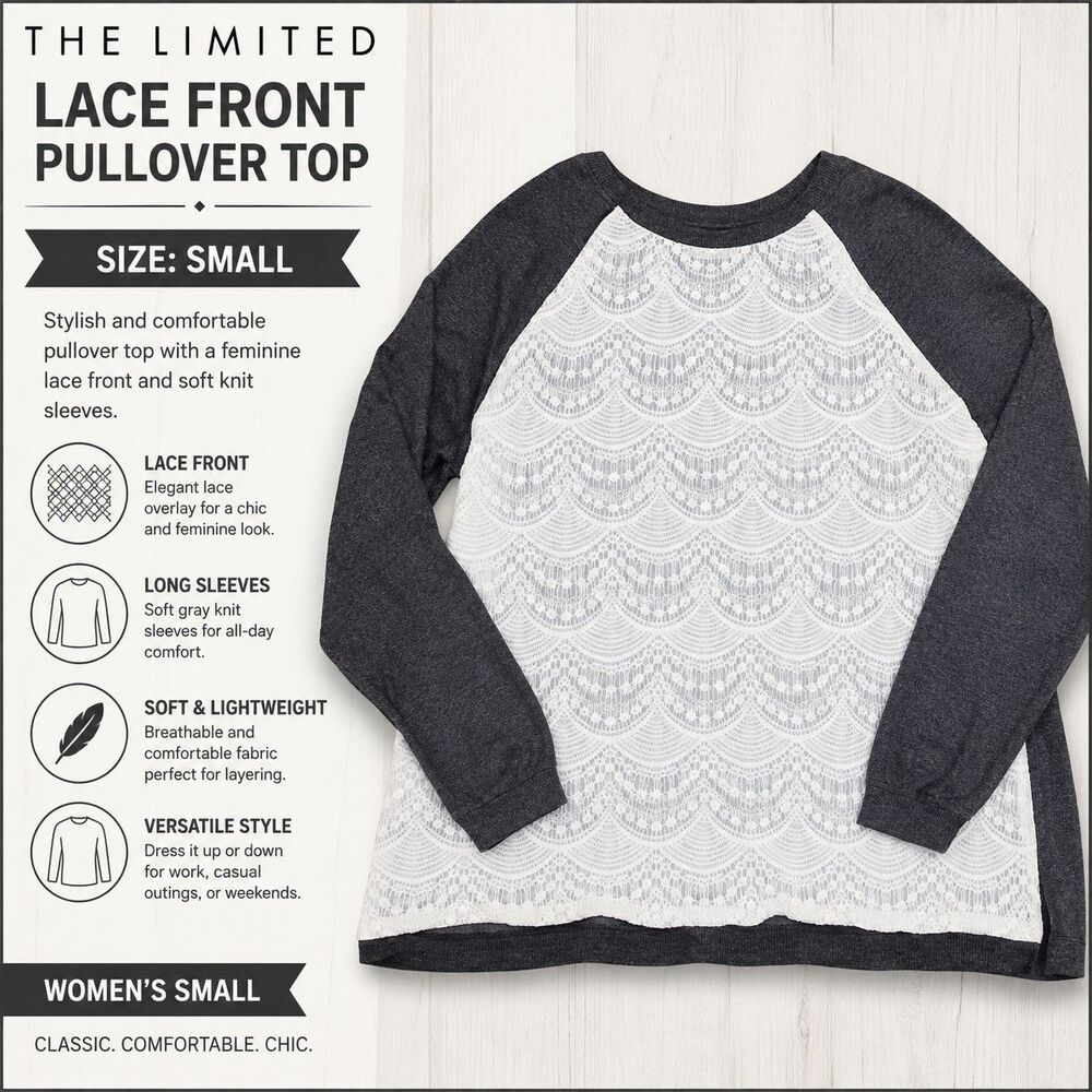 The Limited Womens Small Gray White Lace Front Long Sleeve Pullover Top